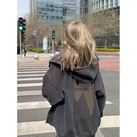 vintage美式连帽开衫卫衣女春秋薄款宽松慵懒风拉链上衣加绒外套图片