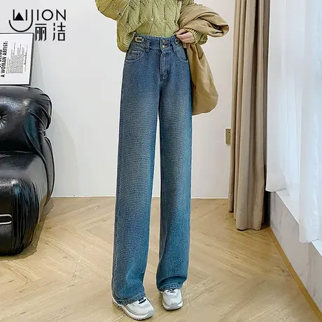 深蓝纯棉阔腿牛仔裤女2024年早春新款复古高腰宽松梨形身材直筒裤商品大图