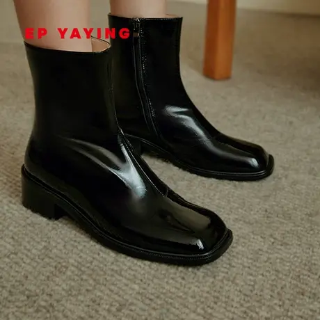 EP YAYING雅莹女鞋 法式漆皮短靴方头粗跟瘦瘦靴 商场同款XH03A图片