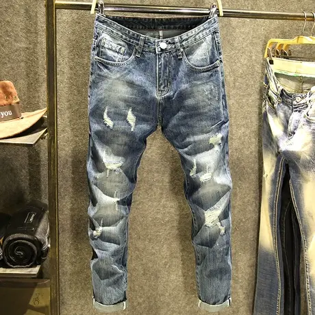 蓝色破洞牛仔裤男刮烂修身韩版青年弹力小脚裤子乞丐潮流春秋潮牌商品大图
