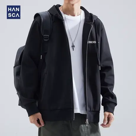 hansca重磅开衫卫衣男秋季新款宽松潮流黑色休闲运动大码连帽外套商品大图