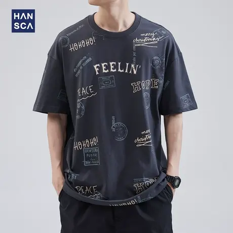 hansca 纯棉短袖T恤男款夏季潮牌宽松半袖青少年字母印花休闲上衣商品大图