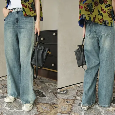 直筒牛仔裤女2024春夏新款时髦休闲简约蕾丝高腰显瘦阔腿裤长裤女图片