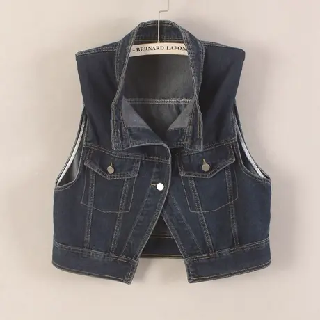 牛仔马甲背心女短款半高领休闲春秋垫肩新款无袖外套百搭一粒扣深图片