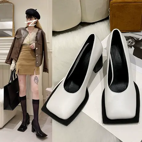 方头高跟鞋女粗跟单鞋2024新款春秋季法式玛丽珍女鞋温柔风晚晚鞋图片