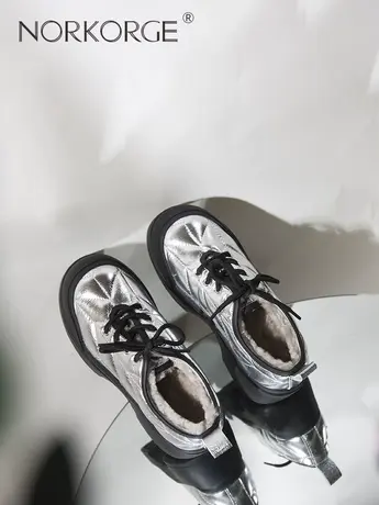 原创设计复古银色小皮鞋乐福鞋厚底真皮保暖真毛毛毛鞋2023新款冬商品大图