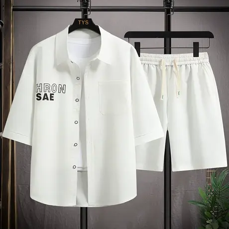 港风短袖衬衫男士套装夏季冰丝男款七分袖衬衣男外套盐系休闲寸衫商品大图