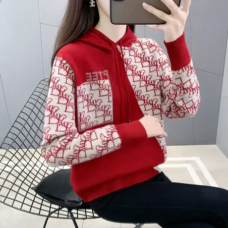 女士连帽针织卫衣2023春秋新款宽松外穿拼色套头减龄休闲长袖毛衣商品大图