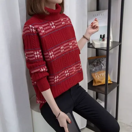 高领麻花毛衣女加厚打底衫2023秋冬新款慵懒风针织衫格纹内搭上衣商品大图