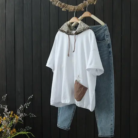 文艺复古刺绣连帽短袖t恤女夏季新款套头宽松休闲百搭上衣体恤衫商品大图