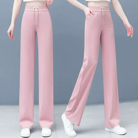 粉色窄版阔腿裤女2023春夏薄款针织休闲裤高腰垂感直筒宽松拖地裤图片