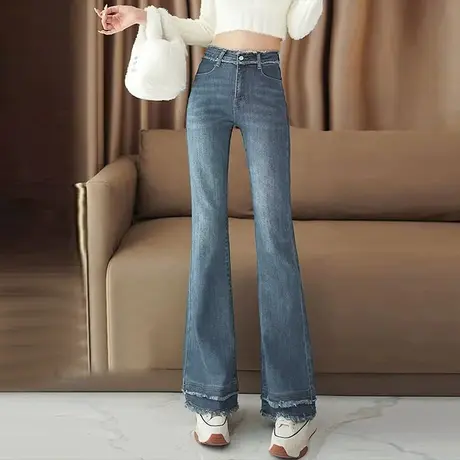 浅色喇叭牛仔裤女春秋2023新款高腰修身马蹄裤休闲复古毛边微喇裤图片