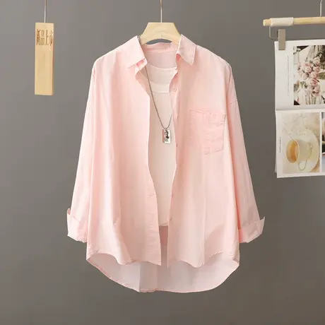 粉色纯棉休闲衬衫女前短后长宽松衬衣开衫中长款叠穿开衫春秋外套商品大图