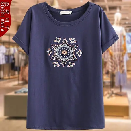 中年胖妈妈宽松遮肉上衣夏装新款2022加肥加大码女装绣花短袖T恤商品大图