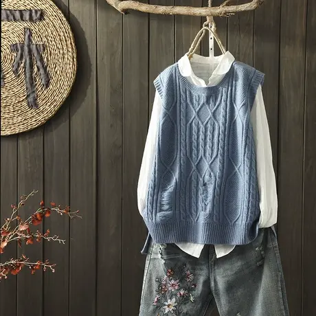 枫谜2019年秋冬新款文艺简约休闲百搭麻花针织马甲女韩版打底毛衣商品大图