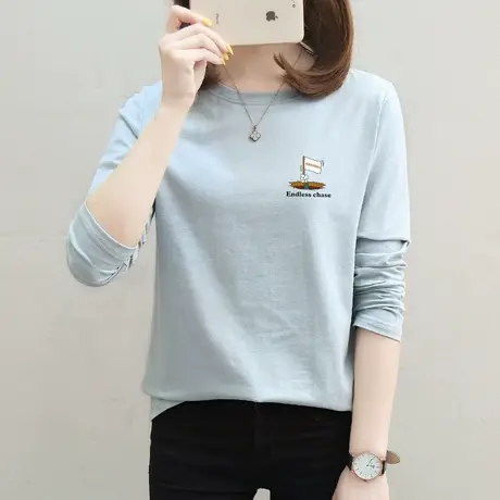 2件69】纯棉长袖T恤女学生外穿宽松上衣2022年春季新款洋气打底衫图片