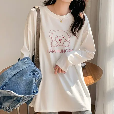 纯棉白色t恤女长袖韩版宽松ins中长款春秋季大码上衣加厚磨毛打底图片