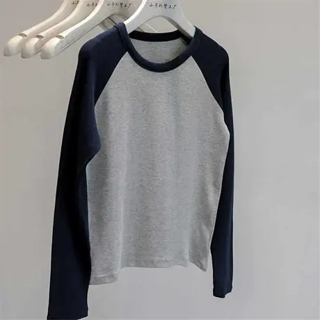 上身巨显瘦~2023春季新款拼色修身长袖T恤女插肩袖圆领打底衫上衣商品大图
