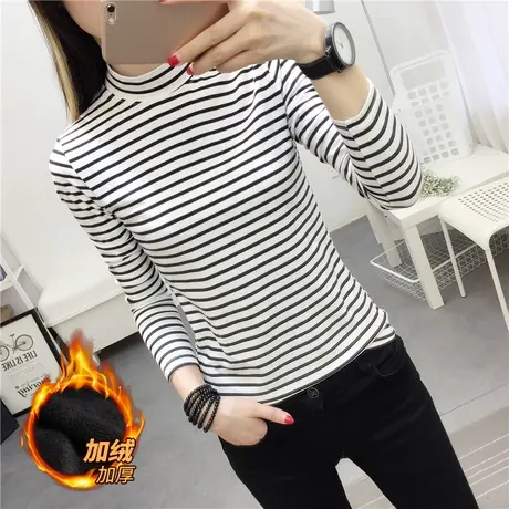 条纹长袖t恤学生小个子新款半高领打底衫女秋冬内搭韩版宽松上衣图片