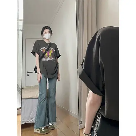 纯棉美式复古蝴蝶短袖t恤女夏季新款设计感小众潮牌宽松半袖上衣商品大图