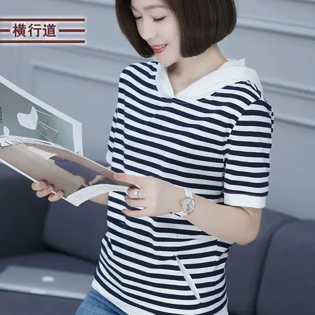 短袖宽松连帽黑白条纹t恤女士2023夏装新款半袖上衣宽松帽衫体恤商品大图
