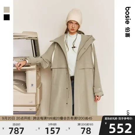 bosie2023年冬季新款毛呢大衣男情侣连帽斜纹呢大衣时尚长款外套图片