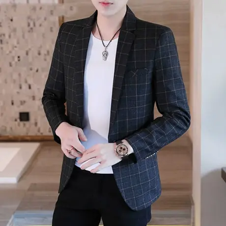 男士小西装韩版修身上衣帅气休闲格子英伦潮流春秋男装单西服外套商品大图