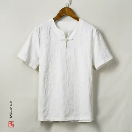 夏季亚麻短袖T恤男士复古民族风V领半袖上衣中式盘扣唐装文艺茶服商品大图
