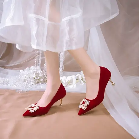 永希中式尖头婚鞋女秋季2022年新款秀禾水钻伴娘鞋时尚细跟高跟鞋商品大图