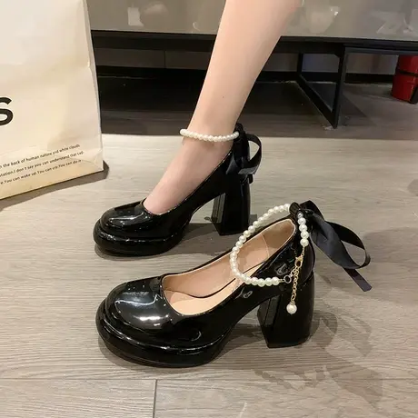 粗跟玛丽珍女鞋2023年夏季蝴蝶结高跟单鞋珍珠绑带仙女法式小皮鞋商品大图