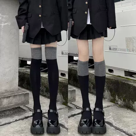 黑灰拼色小腿袜女秋冬棉中筒袜长筒过膝袜JK学院风显瘦袜子商品大图