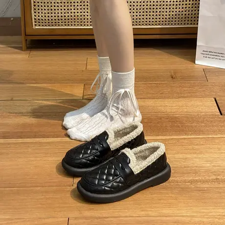 休闲轻便乐福鞋女2023新款秋冬季一脚蹬通勤平底鞋复古网红毛毛鞋图片