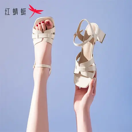 红蜻蜓凉鞋女款夏季2023年新款一字带粗跟配裙子中跟仙女风高跟鞋商品大图