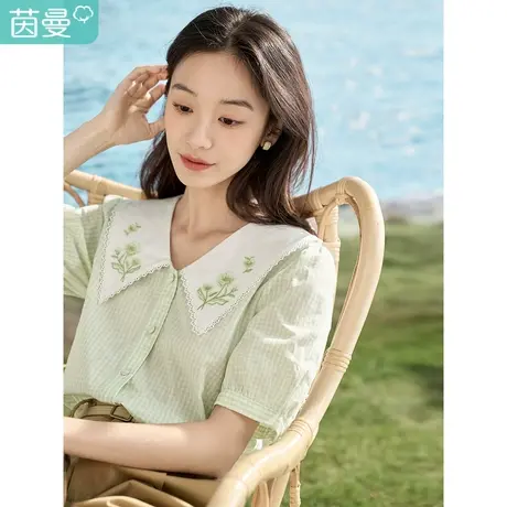 【线下同款】茵曼清新减龄衬衣2023夏季女装新款娃娃领灯笼袖衬衫图片