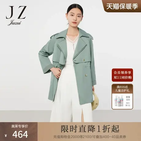 JZ玖姿休闲格纹拼接一手长风衣春秋新款女抽绳时尚英伦风外套商品大图