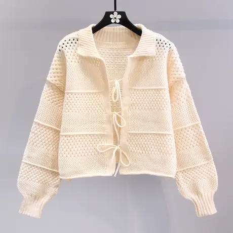 polo领镂空毛衣外套女2023早秋新款时尚洋气宽松慵懒风针织开衫图片