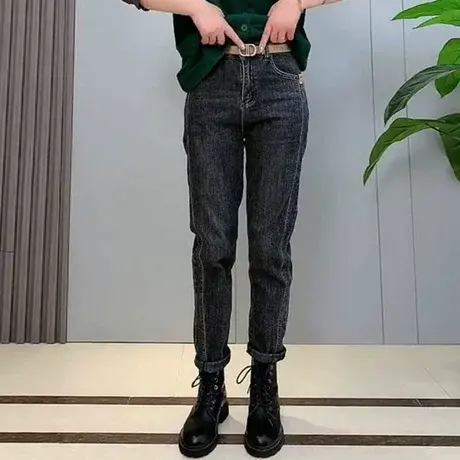 腰带牛仔裤女春装2023年新款高腰显瘦哈伦裤直筒萝卜老爹裤子女潮商品大图