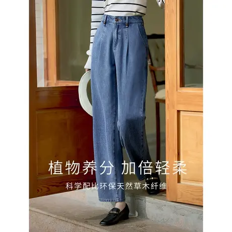 茵曼2023春女装新款时尚复古宽松直筒牛仔蓝松紧中高腰九分牛仔裤图片