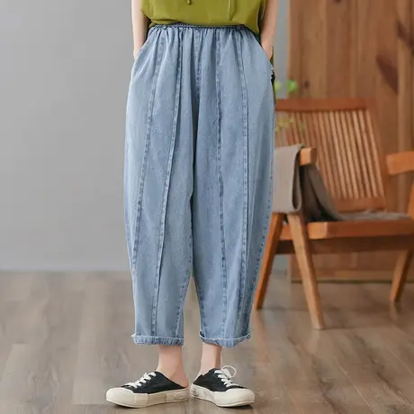 dza 高腰显瘦纯棉牛仔裤女2023夏季九分直筒阔腿裤宽松百搭哈伦裤商品大图