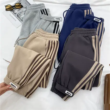 加绒束脚运动裤女2022秋冬百搭松紧高腰宽松休闲裤小众侧条卫裤商品大图