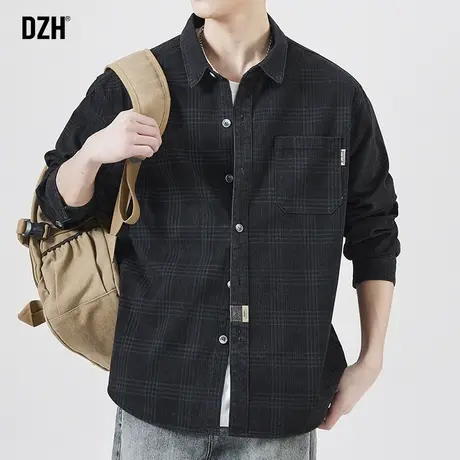 男士大码格子衬衫男长袖高级感秋季休闲衬衣秋款黑色外套2023新款商品大图