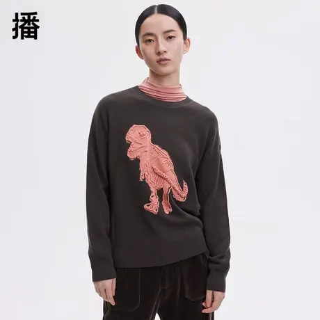 播毛衣女2023秋冬新款简约宽松盘绣100%羊毛圆领针织衫BDP3SD1602商品大图