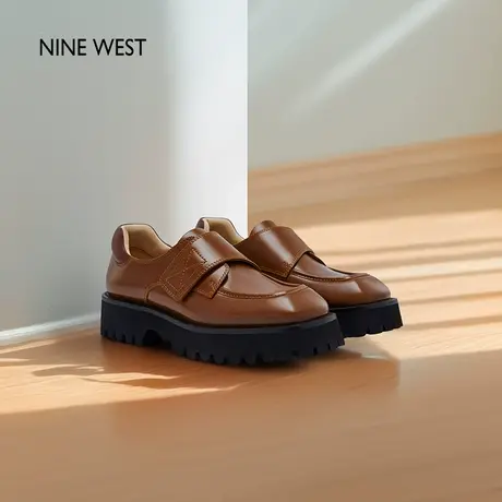 Nine West/玖熙棕色复古厚底单鞋女2025夏季新款真皮女鞋乐福鞋图片