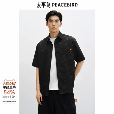 太平鸟男装 休闲衬衫2025夏季新款翻领短袖男士T恤刺绣时尚衬衫潮商品大图