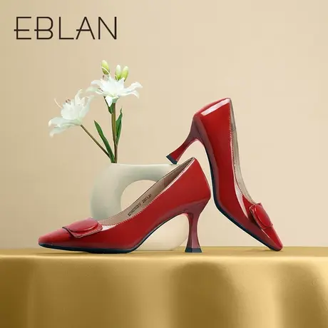 伊伴春季女鞋时尚休闲婚鞋高跟鞋真皮一脚蹬职场通勤单鞋女商品大图
