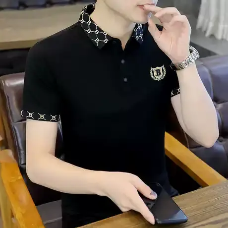 夏季刺绣POLO衫短袖T恤男士修身休闲翻领带领潮流半袖保罗衫上衣商品大图