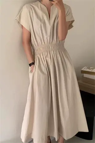 纯诗曼夏季新款松紧收腰显瘦气质连衣裙女中长款V领短袖简约裙子图片