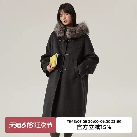 omont蛋挞家50%羊毛复古牛角扣毛呢外套冬毛领连帽中长款大衣图片
