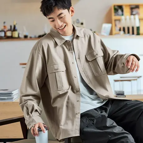 唐狮工装长袖衬衫男士春秋季新款港风日系休闲宽松衬衣外套潮图片