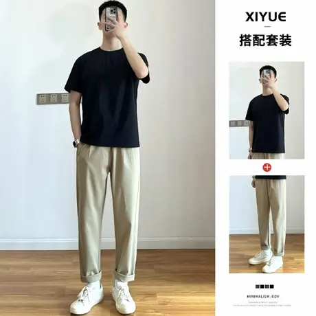 简约百搭男生套装夏季凉感冰丝短袖t恤男大码宽松直筒休闲裤子潮图片